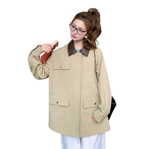 巴恩风拼皮卡其色风衣外套女春秋2025年超火好看高级小众中长大衣图片