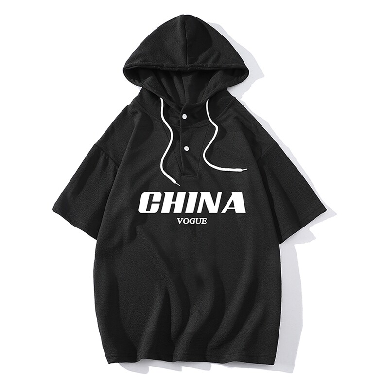 LD54001-P45连帽短袖t恤男大码胖子带帽五分袖中袖,男装T恤,电商A040