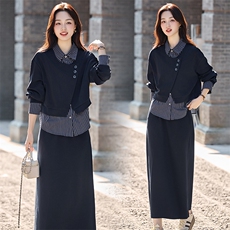 时尚套装女2025秋新款减龄假两件衬衫拼接马甲垂感半身裙两件套，女装套装/套裙，流量+