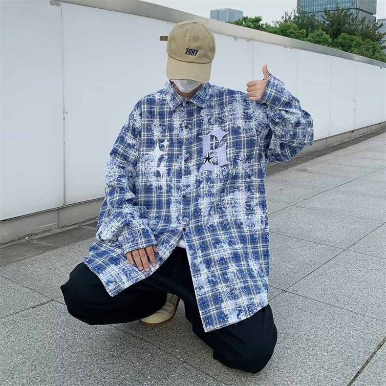 春季高街格子衬衫男长袖2025款美式潮牌衣服男士衬衣外套男生,男装衬衫,星座410-7