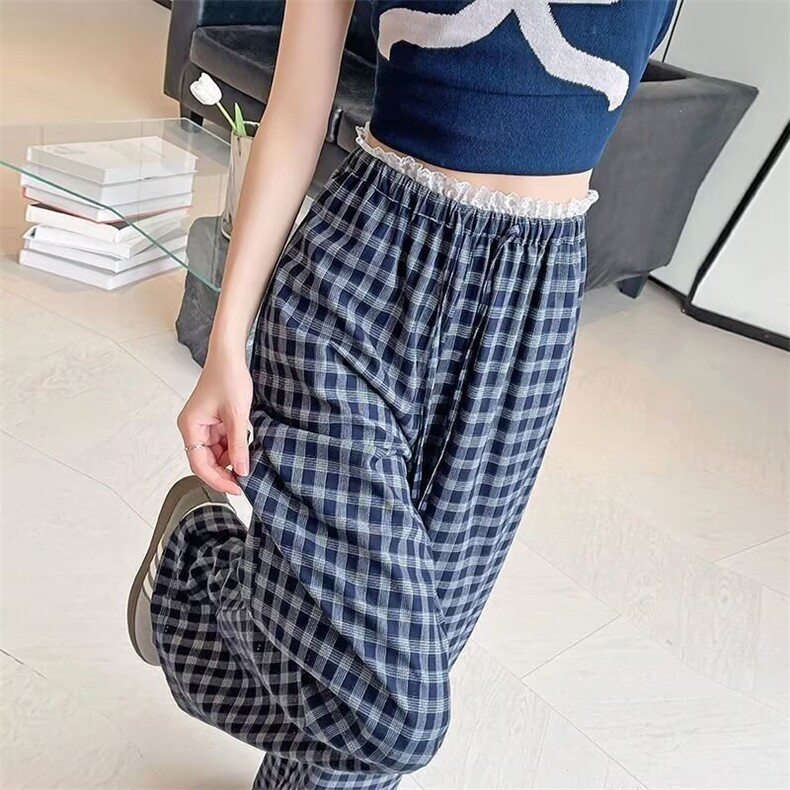 阔腿格子裤女春秋2025新款休闲裤子高腰垂感慵懒风小众窄版直筒裤,女装休闲裤,星座1210-1