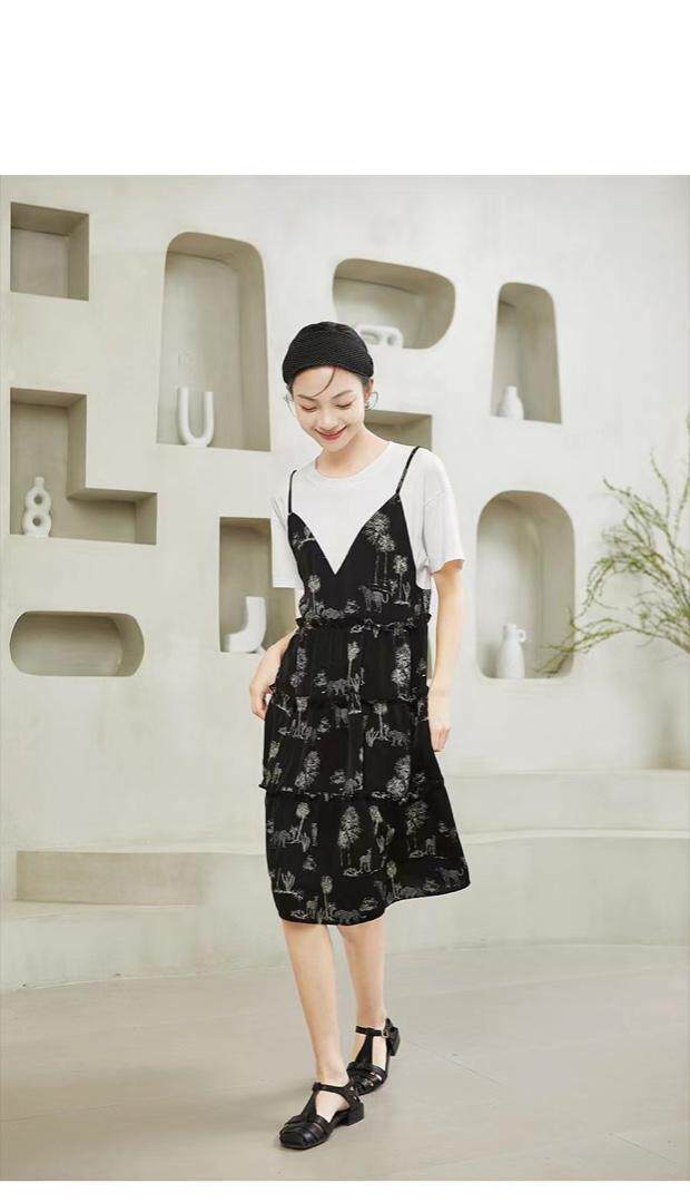 选货，夏季新款-设计师系列趣味印花假两件套连衣裙，女装连衣裙，觅处