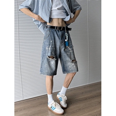 美式夏季做旧水洗破洞牛仔短酷男痞帅休闲宽松五分裤潮DK271-P45，男装牛仔裤，星座308B-1