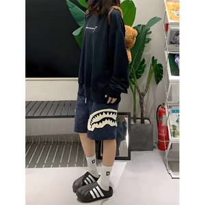 网图有货 美式复古贴布鲨鱼嘴运动短裤男宽松五分裤女 A685-P35图片