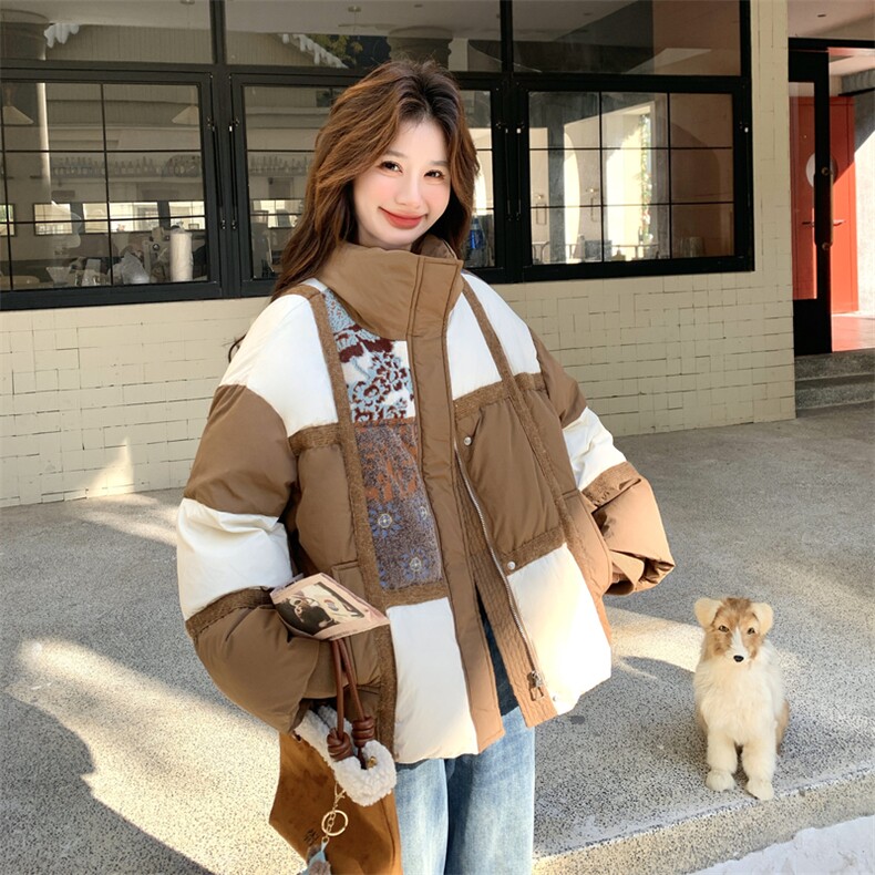 设计感撞色拼接立领90绒羽绒服女短款冬季保暖加厚白鸭绒外套,女装羽绒服,维壹
