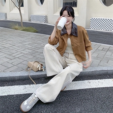 棕色拼皮翻领短外套女早秋2025新款韩系chic别致休闲甜酷减龄夹克，女装短外套，2C316