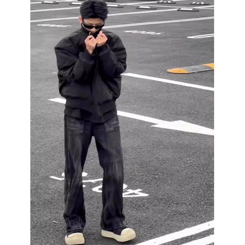 色闪电竹节纹牛仔裤男款春秋款工装裤子美式显腿长直筒微喇裤,男装牛仔裤,四季星座505
