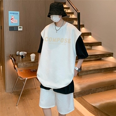 直播美式麂皮绒宽松背心无袖t恤短裤大码两件套套装TZ93-P58，男装T恤，电商A486