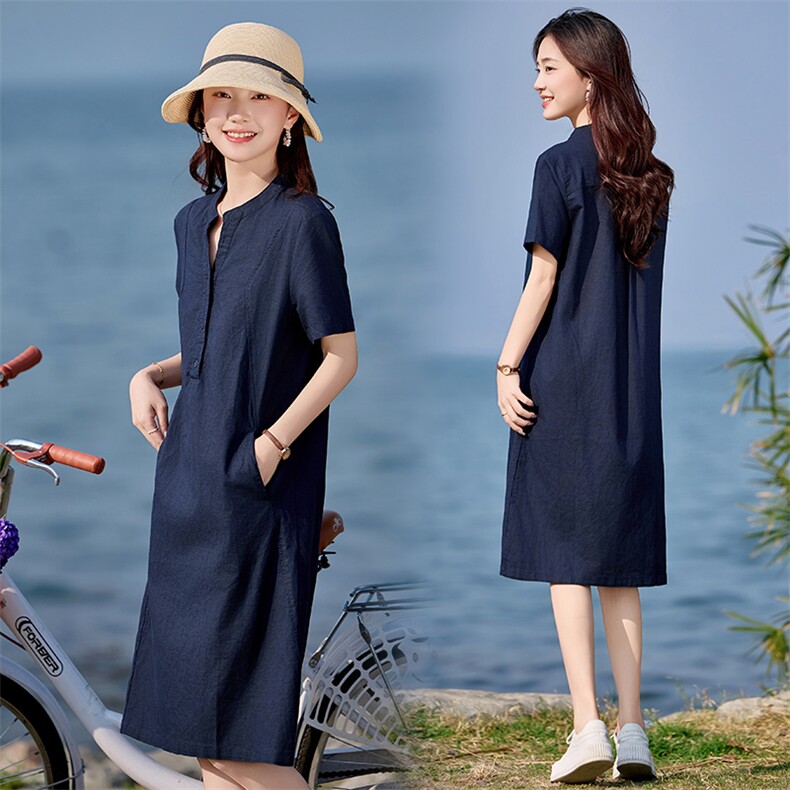 亚麻连衣裙2025夏季新款短袖中长款宽松显瘦大码胖MM妈妈棉麻裙子,女装连衣裙,文熹诺