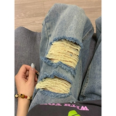 【网图现货】破洞牛仔裤男女夏季薄款宽松阔腿裤子NZP01CC-P45，男装牛仔裤，星座1007（原301D）
