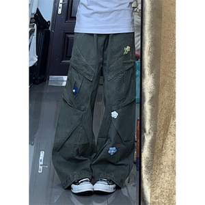 多口袋直筒工装牛仔裤女早春宽松小花刺绣伞兵裤阔腿长裤 KN1061图片