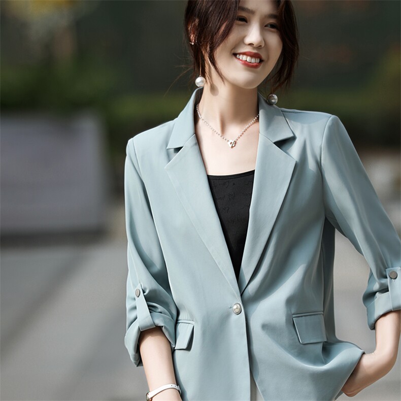 重磅醋酸缎面白色小西装外套春夏款垂坠感一粒扣女长袖防晒小西服，女装西装，朝贺羊绒