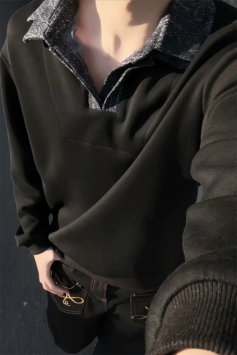 男士春秋卫衣设计款美式长袖打底衫polo衫假两件双领卫衣外套男,男装T恤,电商B319