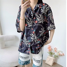 风半袖男女花衬衫水墨画山水系海边户外情侣衬衣外套男CS2547，男装T恤，星座208-5