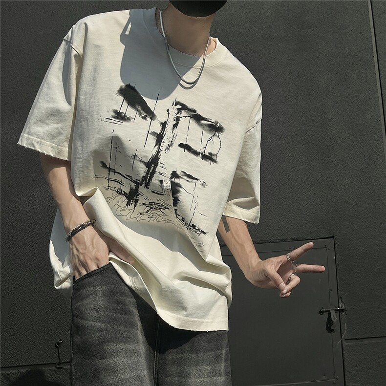 2025夏季复古涂鸦图案印花男士短袖T恤T1057/P55控79-100棉260克,男装T恤,电商A148