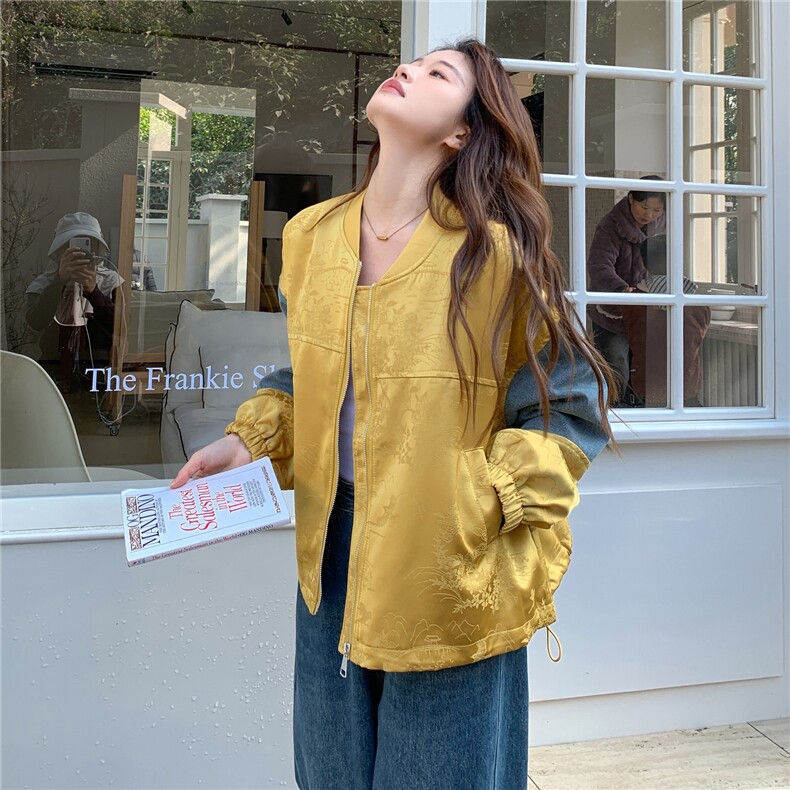 新中式国风拼接黄色短外套女春秋2025新款小个子小众百搭休闲夹克,女装短外套,2C057