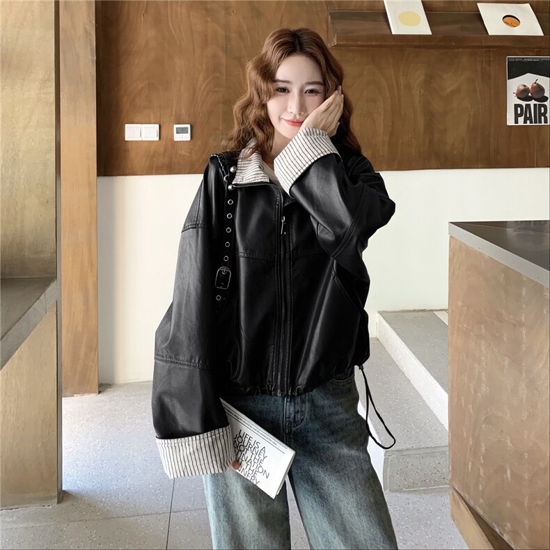 美式复古高级感条纹撞色PU皮衣外套女2025春秋季新款韩系显瘦夹克,女装皮衣,蝶眷