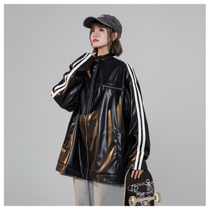 美式撞色条纹小立领PU皮衣情侣机车服夹克外套JK2315-P98控128图片