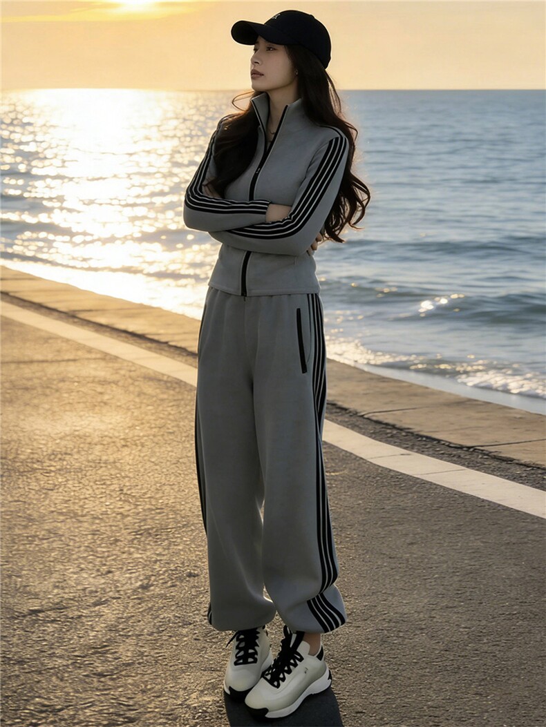 韩版休闲运动套装女春季新款高级感显瘦立领卫衣时尚阔腿裤两件套,女装套装/套裙,江南