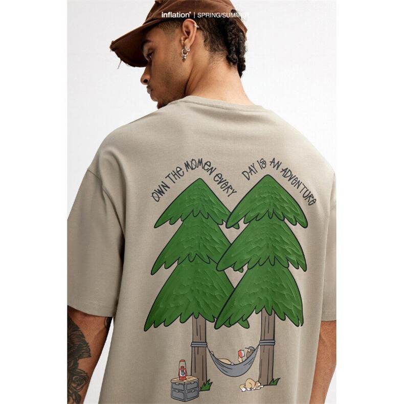 265G松树发泡印花T恤2025春夏新款重磅宽松休闲纯棉短袖TX13P65，男装T恤，电商A400（原B301）