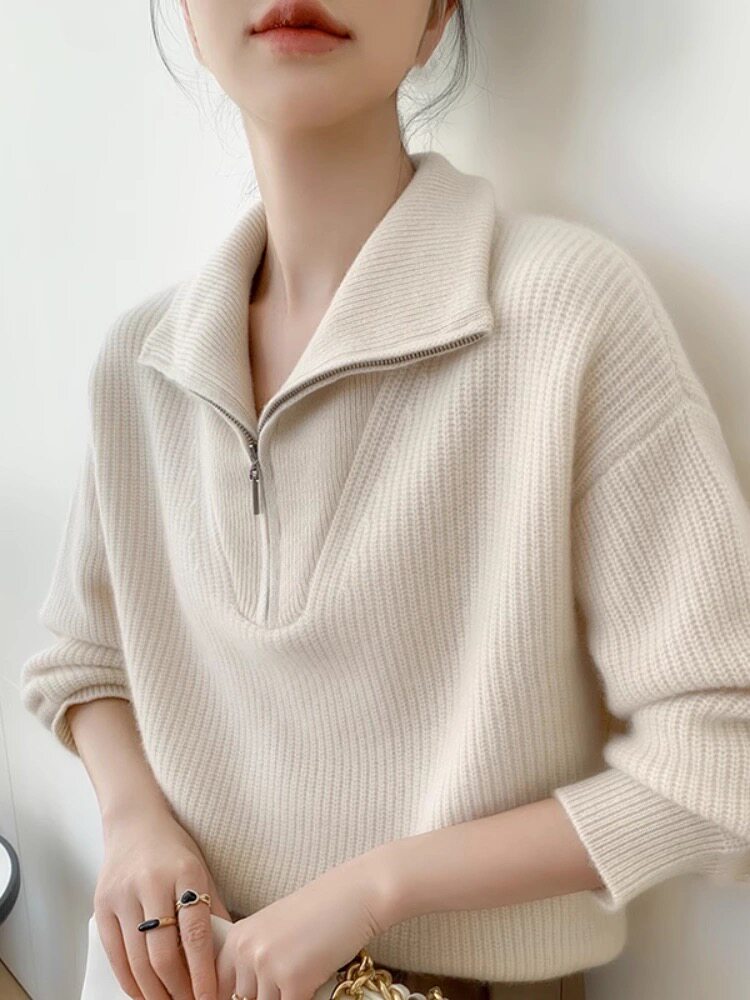 半拉链翻领内搭羊绒针织衫女士秋冬慵懒风羊毛宽松打底毛衣图片