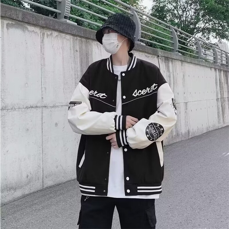 棒球领宽松字母印花毛呢拼皮黑绿咖啡M-3XLJ676,男装夹克,星座1116A-1（原606A）