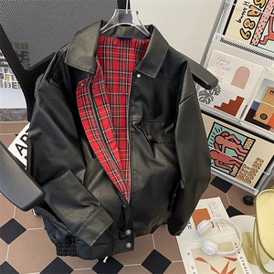 两面穿格子皮衣外套男女春秋高级感机车PU皮夹克上衣JK09352-P85图片