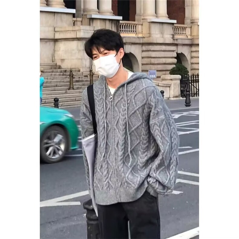 麻花设计毛衣男高级感慵懒风针织开衫外套软糯宽松连帽衫,男装针织衫/毛衣,星座218-1（原230）