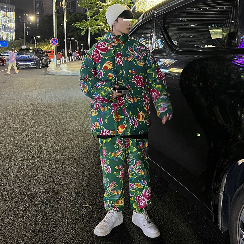 东北大花棉衣套装风汉服套装加厚保暖防寒棉服加绒裤机车H203,男装休闲套装,星座115A(原星座507）