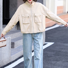 小众立领夹克上衣女2024秋季新款显瘦短款外套工装风棒球皮衣，女装皮衣，美拉德工厂直营店