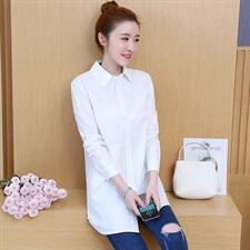排多扣POLO领纯色衬衫2021年春季长袖中长款时尚修身显瘦淑女，女装衬衫，依恋蒂丝