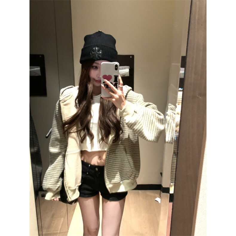 网图条纹连帽拉链外套男2025新款设计感宽松美式开衫卫衣特P68,女装短外套,电商C306-1