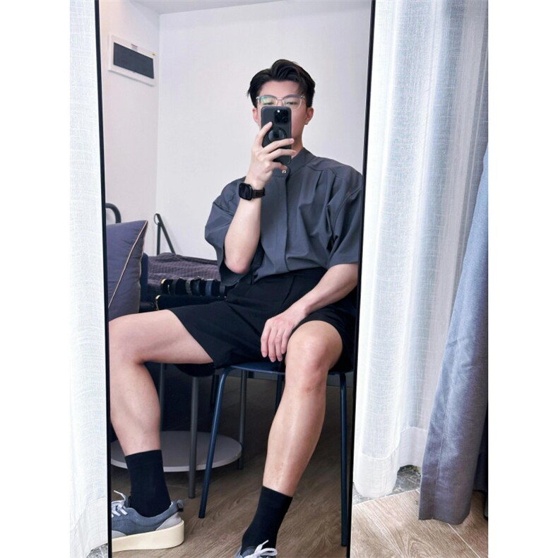 新中式男装痞帅衬衫男短袖外套cityboy中山装冰丝衬衣KCS136-P35,男装衬衫,星座1007（原301D）