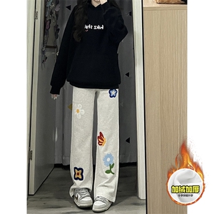 抖音得物高品质秋冬季重磅花卉刺绣潮流运动宽松加绒直筒休闲卫裤图片