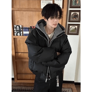 现货高品质重磅工艺美式高街假两件PU皮棉衣男女加厚棉服外套图片