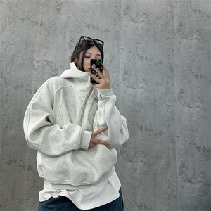 抖音得物高品质二开 26春装重磅宽松结构拉链设计高领连帽卫衣W76图片