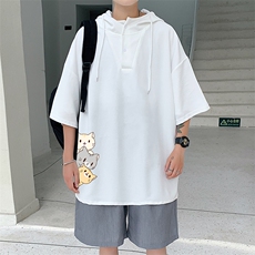 LD54164-P45连帽短袖t恤男大码胖子带帽五分袖中袖，男装T恤，电商A040