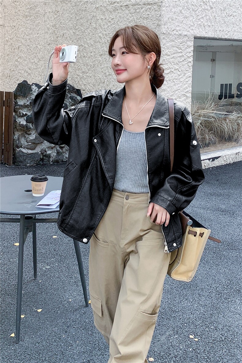 仿蛋白PU皮衣外套女2025秋季新款高级感翻领夹克女韩版时尚显瘦潮,女装皮衣,意芙
