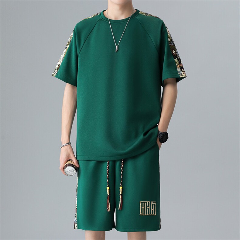 落肩袖拼接休闲运动套装夏季T恤短裤一套两件套A266-TZ9907-P47图片