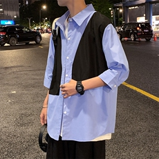 七分袖衬衫设计感小众日系港风宽松拼接夏季外套ins潮W1034-P34，男装衬衫，星座512-2