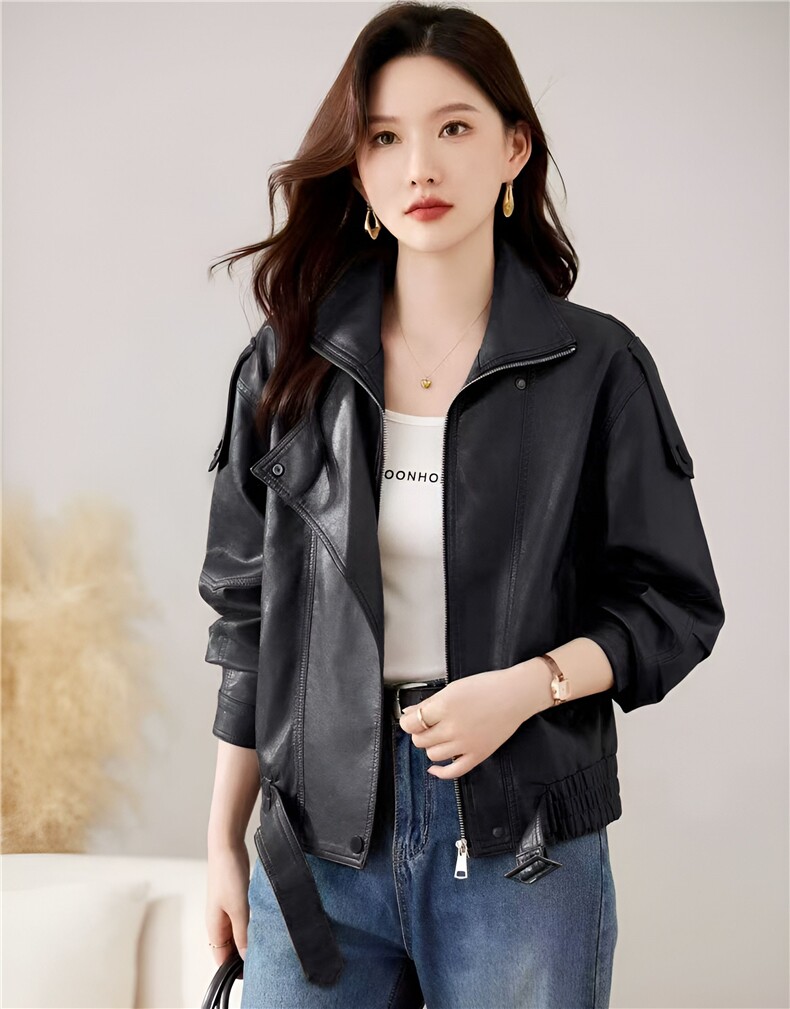 现货】皮衣外套女短款2025秋季新款小个子气质酷飒风复古PU皮夹克,女装皮衣,仁梯