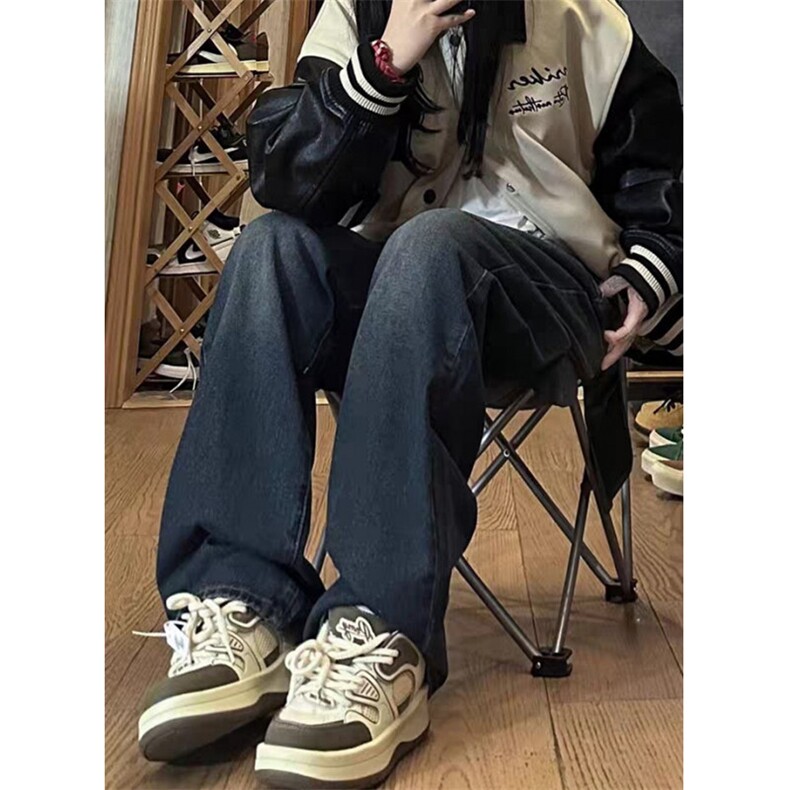 蓝灰色直筒宽松牛仔裤女春秋季新款高腰显瘦小个子阔腿长N673,男装牛仔裤,星座1116A（原606A-3）