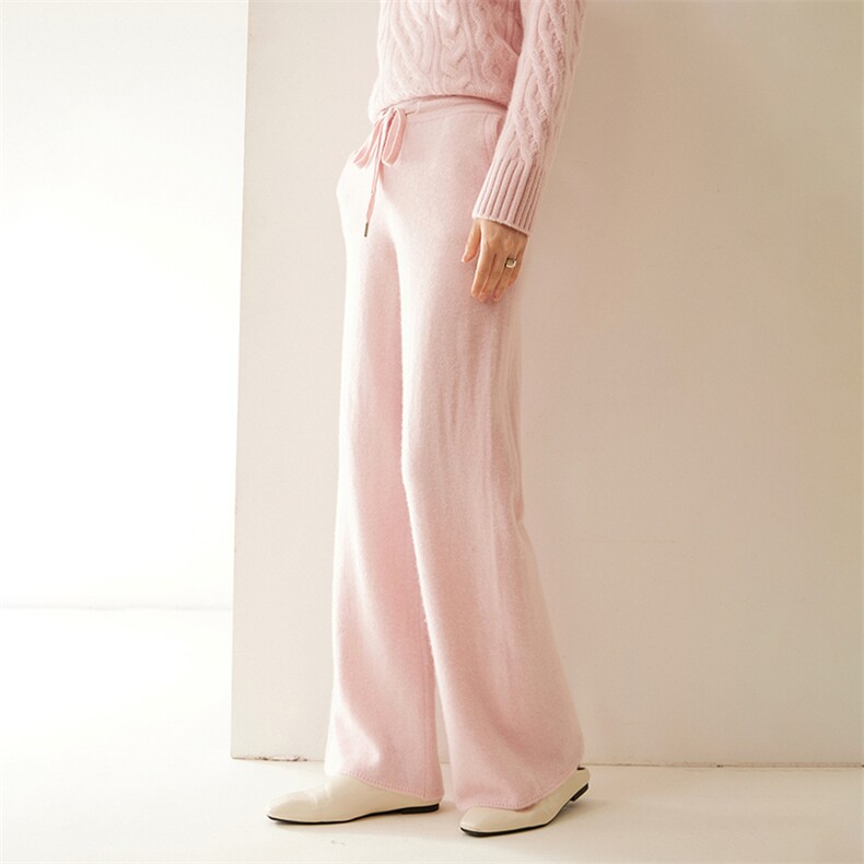 时尚舒适35%羊绒宽松阔腿裤粉色高腰抽绳设计百搭显瘦休闲裤，女装休闲裤，绒创羊绒