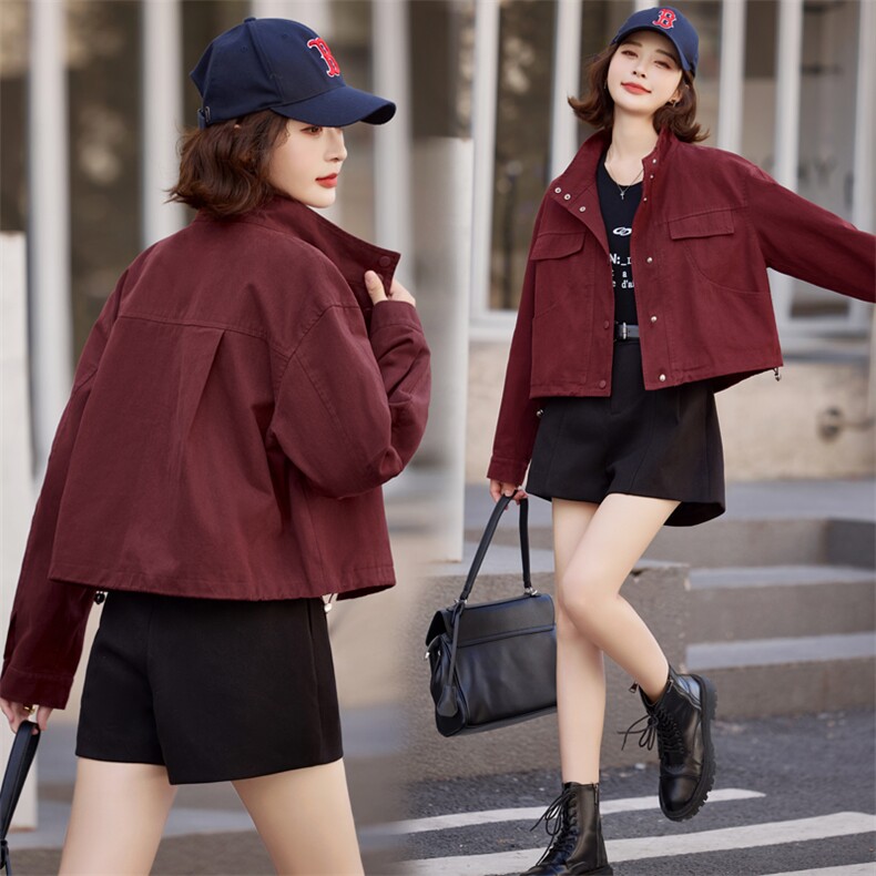 复古工装夹克外套女短款春秋新款时尚立领宽松休闲小个子显瘦上衣,女装短外套,米雪儿