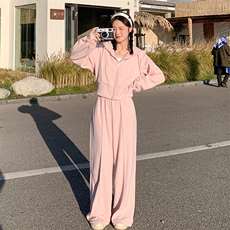 休闲运动穿搭粉色卫衣套装女春秋2025新款超火多巴胺阔腿裤两件套，女装套装/套裙，2C187