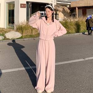 休闲运动穿搭粉色卫衣套装女春秋2025新款超火多巴胺阔腿裤两件套图片