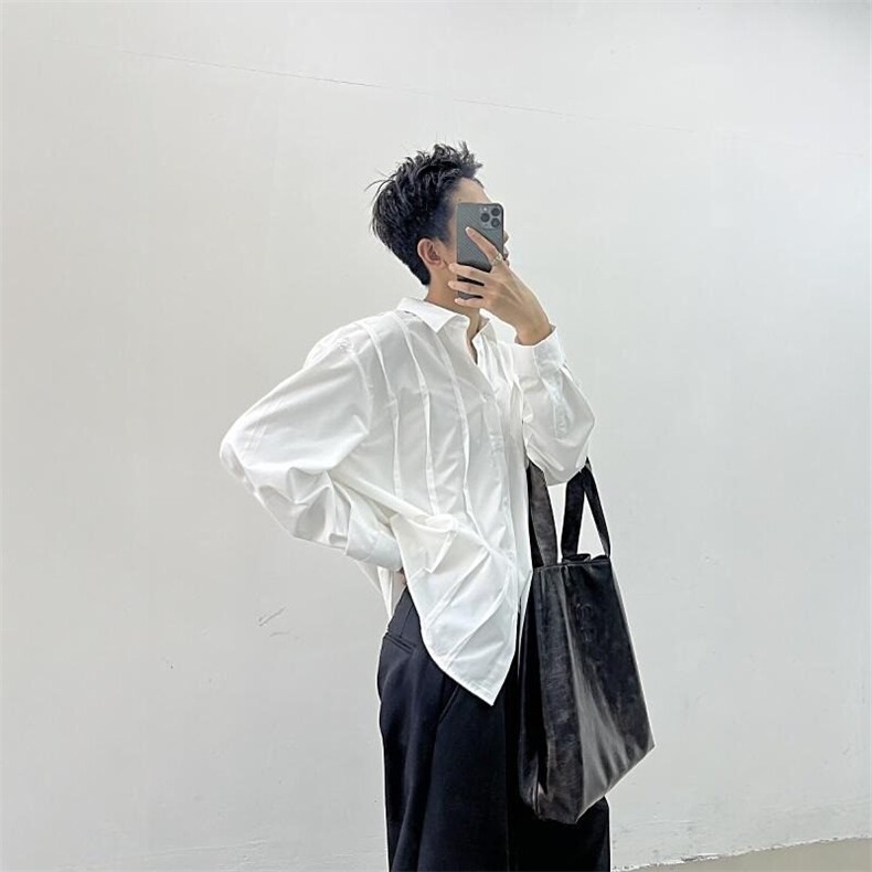 小众设计衬衫褶皱轻熟长袖雅痞风高级感衬衣禁欲系潮牌潮流春秋图片