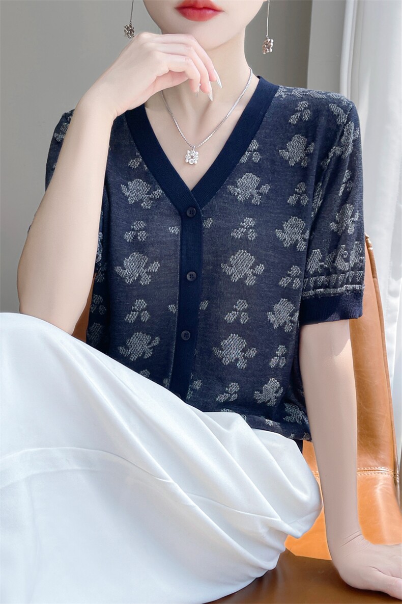 夏季新款天丝提花V领假开衫女宽松百搭显瘦时尚休闲上衣,针织衫/毛衣,暖娇绒