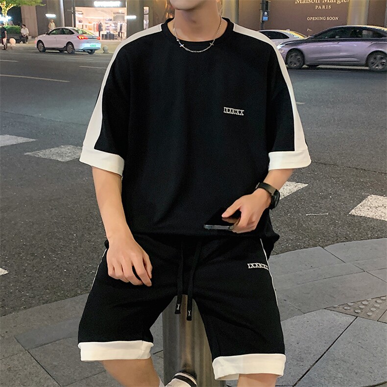 特批P37无差价夏季菠萝格拼接字母刺绣大码短袖T恤短裤男士TZ301,男装休闲套装,电商A001-1