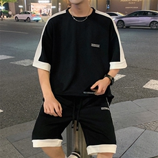 特批P37无差价夏季菠萝格拼接字母刺绣大码短袖T恤短裤男士TZ301，男装休闲套装，电商A001-1